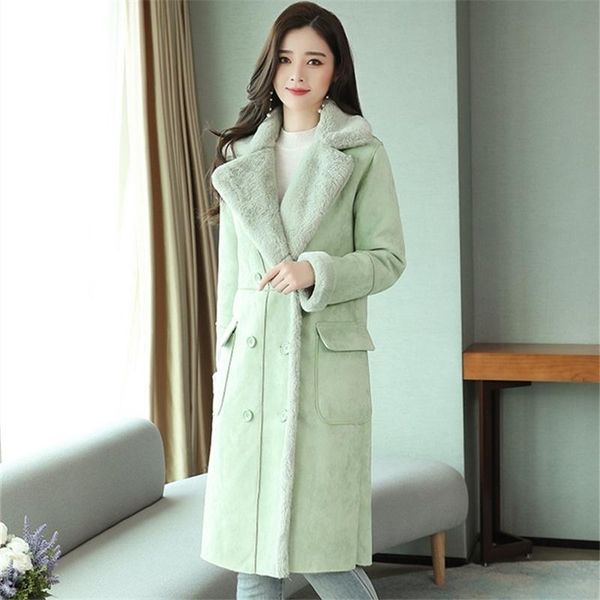 

women's wool & blends autumn winter suede fur coat women 2021 fashion thick faux sheepskin long jacket overcoat female solid warm trenc, Black