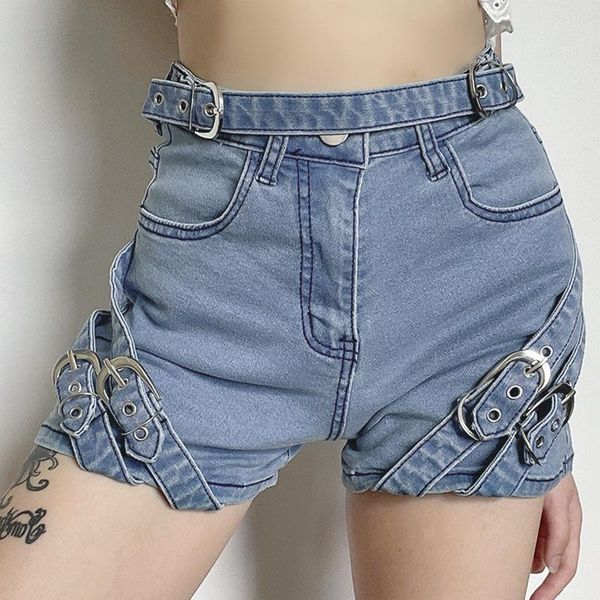 

women's jeans 2021 summer denim shorts fashion high waist personality streetwear metal buckle straight baggy wide leg pants, Blue