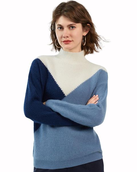 

women's sweaters zhili cashmere splice color high neck long sleeve thicken sweater, White;black