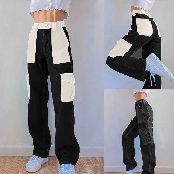 

women's pants & capris korean fashion high waist multi pocket casual jeans ripped edge straight leg trousers, Black;white