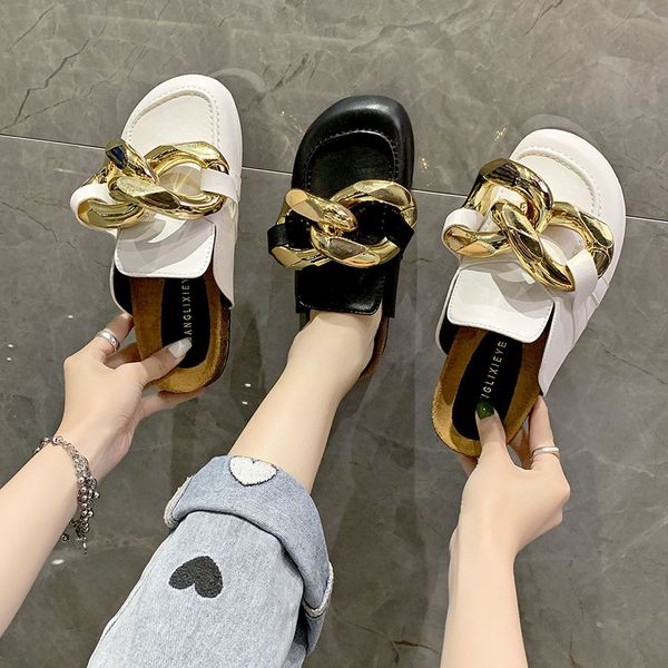 

metal chain summer slippers outdoor slides slippers women shoes woman black beige round cover toe waterproof slippers plus size