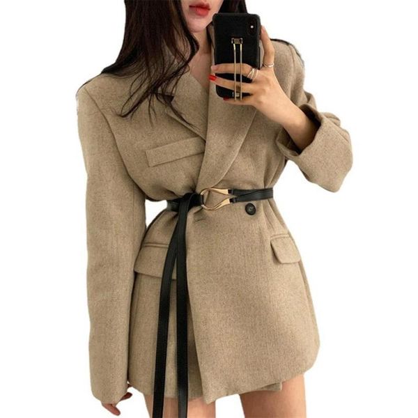 

women's wool & blends streetwear women autumn winter long sleeve tie up overcoat solid casual woolen korean coat jacket slim outerwear, Black