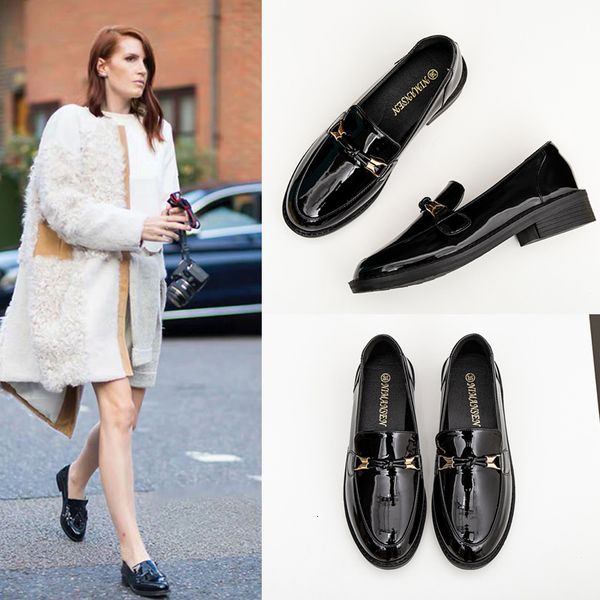 

dress shoes metal ties small leather woman round toe slip on brogues japanned oxford flat spring/autumn loafers women suzi, Black