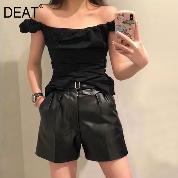 

[deat] slash neck solid black three dimensional pleated off shoulder belly tucked black shirt sext style summer gx752 210428, White