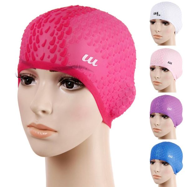 

elastic swim cap 3d silicone swimming hat protect ears long hair anti-tear stretchable head fit size for kids caps