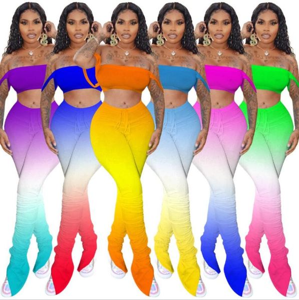 

gradient color suit pleated slit flare pants summer women two pieces suits women's piece, White