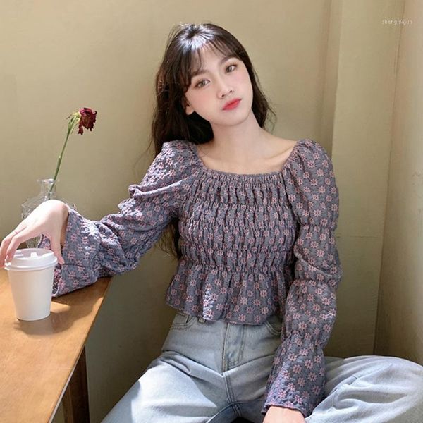 

vintage flare sleeve women's clothing spring autumn fashion brand slim crop square collar embroidery shirts female blouses, White