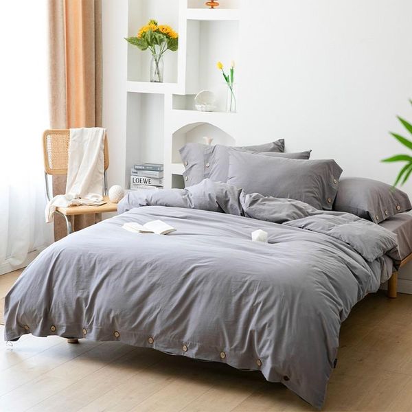 

bedding sets yarn dyed plain solid color 100%washed cotton button duvet cover bed sheet pillowcases ultra soft easy care,simple set