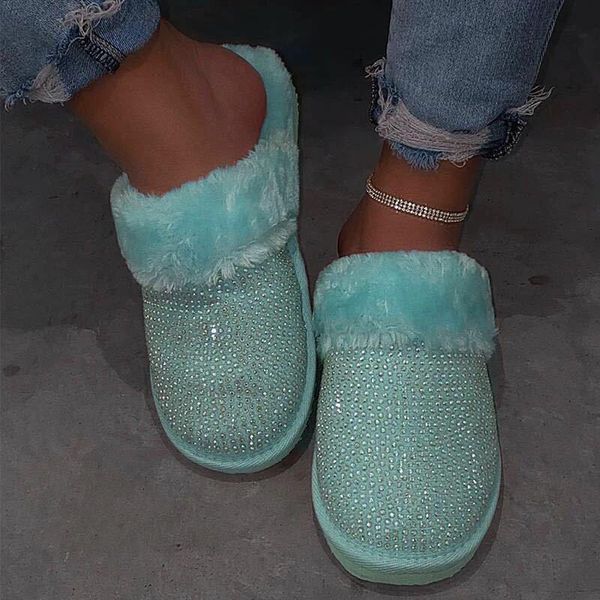 

women's winter warm plush s lippers rhinestone bling fur slides woman cute furry indoor flip-flops ladies fashion soft shoes slippers, Black
