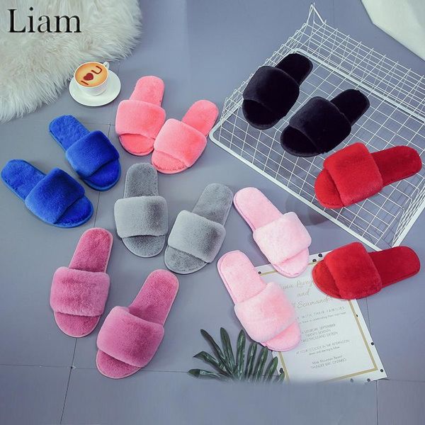 

slippers liam solid home slipper plush soft winter women shoes fluffy confortable non slip causal flats rubber sole, Black