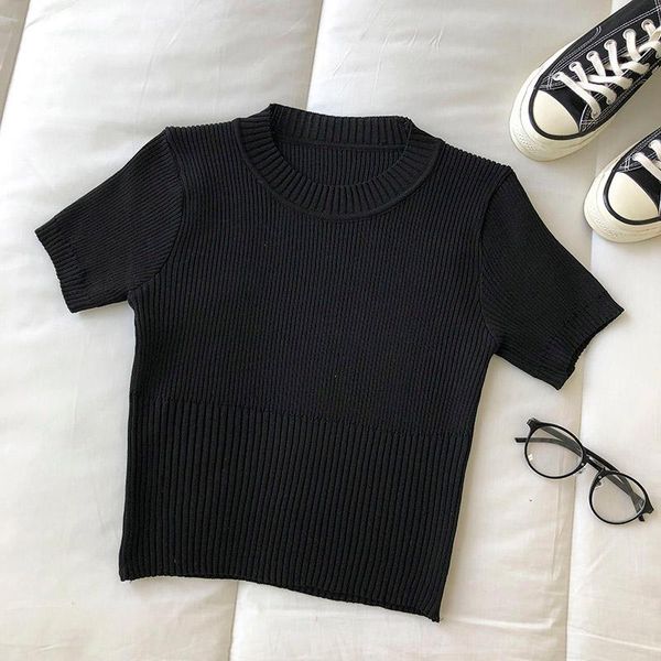 

women's t-shirt crew neck pullover short sleeve summer tight stretch knitwear y2k aesthetic, White