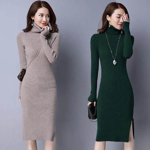 

casual dresses women's autumn and winter slim long knitted dress sweater, Black;gray