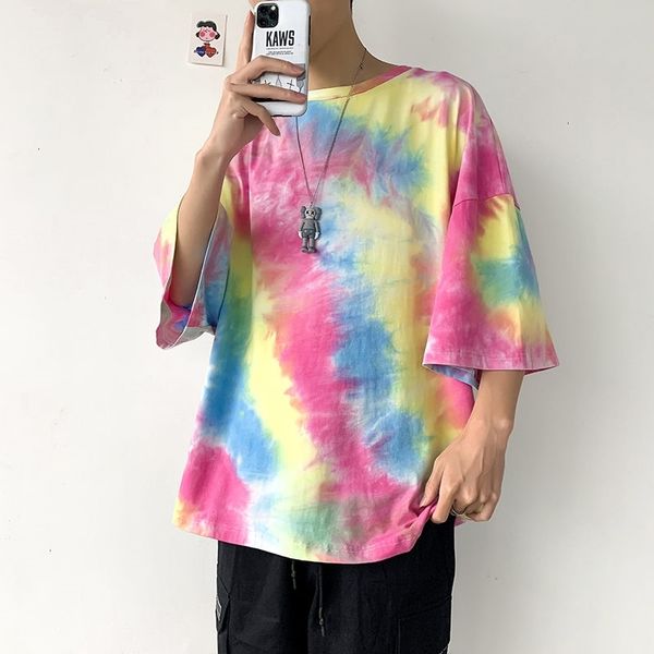 

men's t-shirts summer o-neck tie-dye t-shirt korean fashion loose casual harajuku streetwear hip-hop short-sleeved v992, White;black