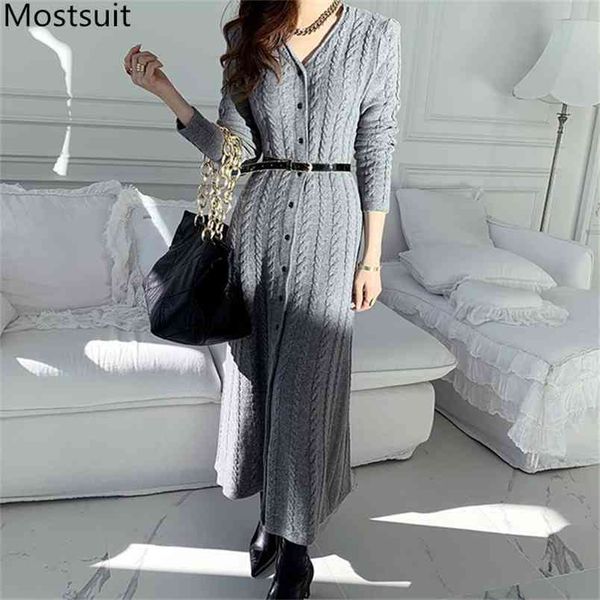 

single-breasted v-neck knitted women long dress spring full sleeve belted korean fashion elegant vintage dresses vestidos 210513, Black;gray