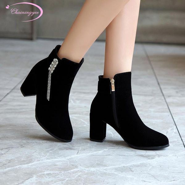 

boots party style comfortable round toe flock ankle crystal zipper black red high-heeled chunky riding women's shoes