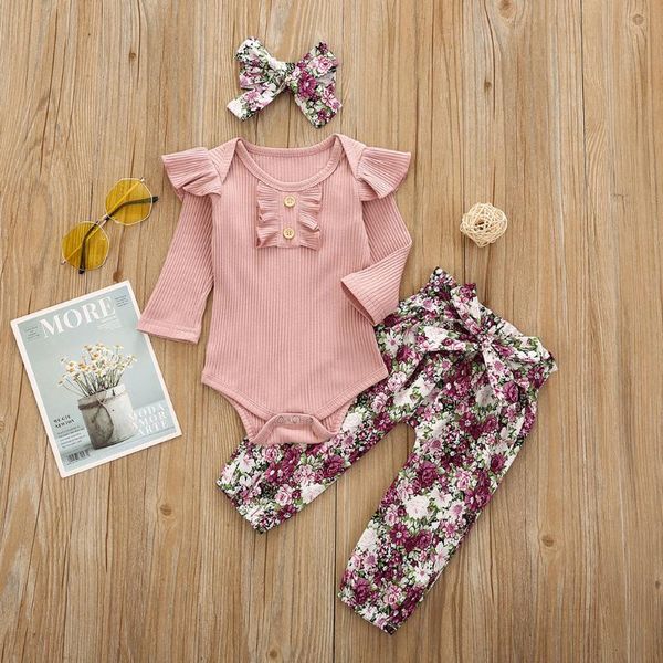 

clothing sets autumn infant baby girls 3pcs cotton ribbed romper +floral pants +headbands outfit fashion girl clothes 0-24m, White