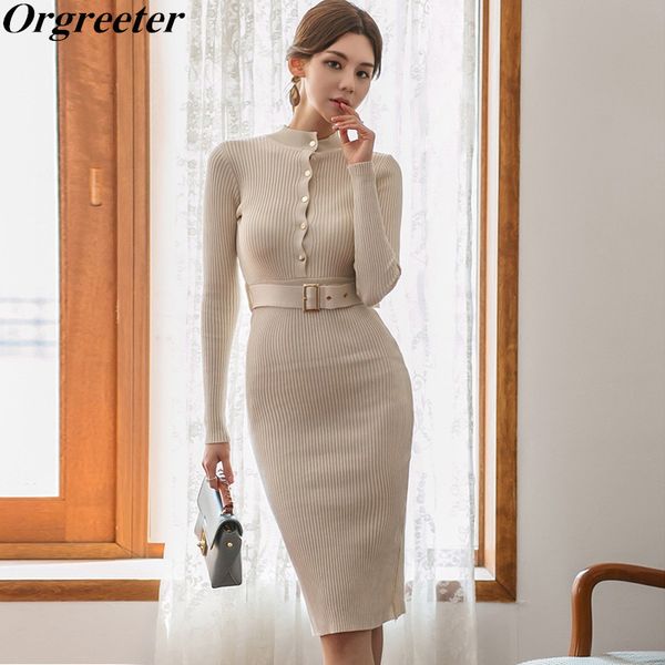 

spring fall solid knitted dresses women single breasted long sleeve slim back slit sheath sweater dress with belt 210525, Black;gray