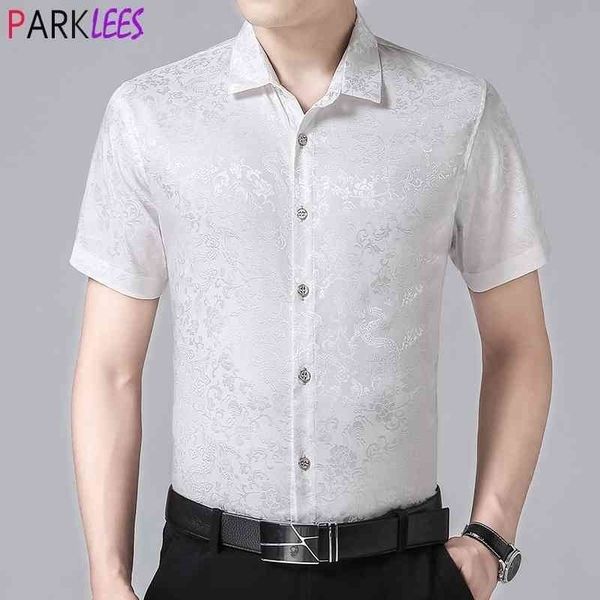 

white silk satin shirt men fashion floral jacquard mens dress shirts casual shrot sleeve male social shirt camisa masculina 210522, White;black