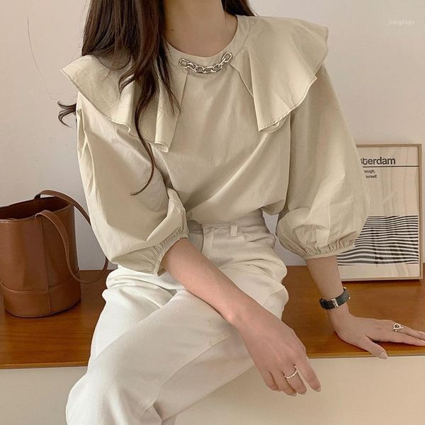 

women's blouses & shirts fashion tide chic chains design ruffled women blouse korean simple loose all match sweet elegant temperament b, White