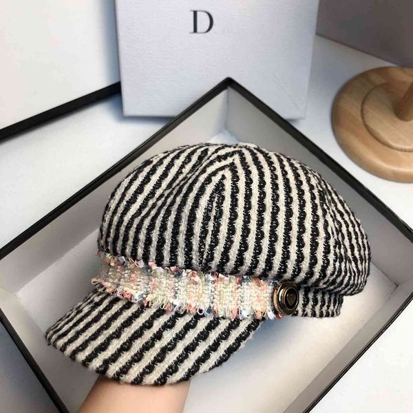 

designer navy hat with tweed stripe, fashionable and versatile, Black;white