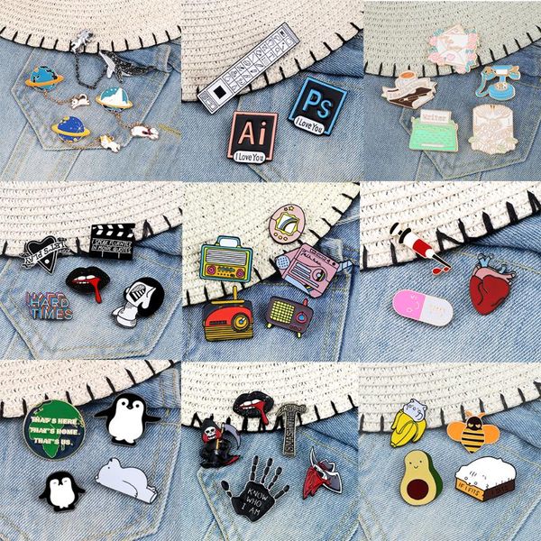 

pins, brooches 3-5pcs/set cute bear penguin enamel pins cartoon universe chain horrible lips skeleton envelope office brooch pin badges jewe, Gray