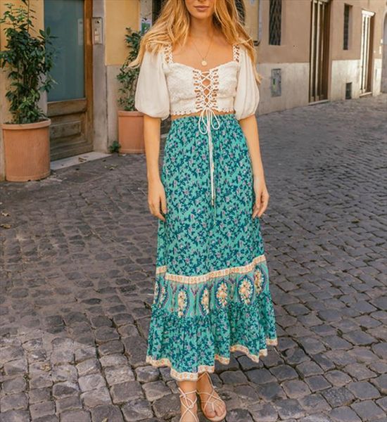 

fashion hippie beach bohemian women skirt floral print single breasted high waist maxi a line boho femme, Black