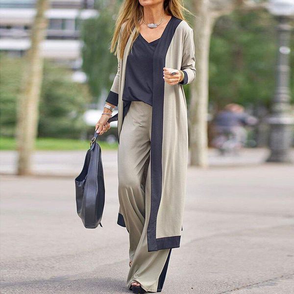 

women's two piece pants elegant long cardigan + sling wide leg suits summer women fashion three-piece sets autumn lady casual loose ou, White