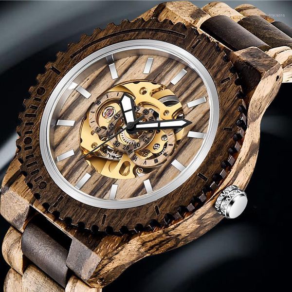 

men's watch wood watches luxury self-winding mechanical automatic retro full adjustable band timepieces clock male relogios wristwatche, Slivery;brown