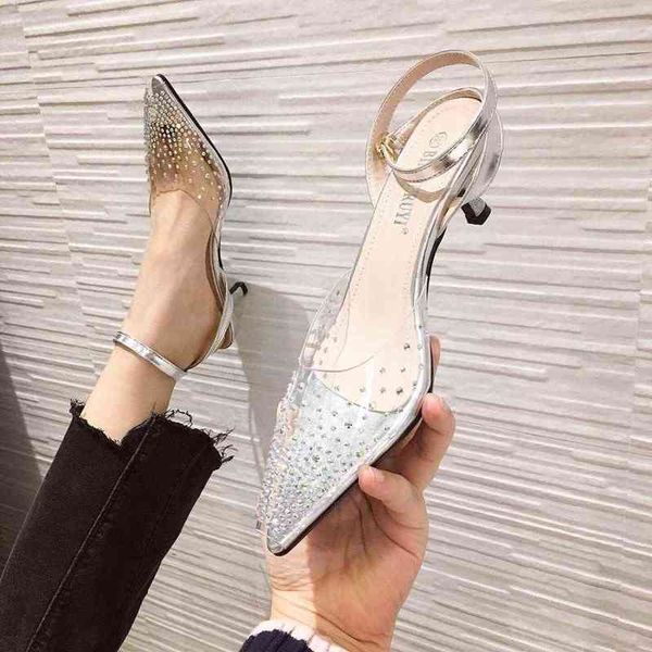 

dress shoes transparent crystal summer party dress shoes pointed toe thin heels ankle strap ol sandals fashion ladies slingbacks sandalias 2, Black