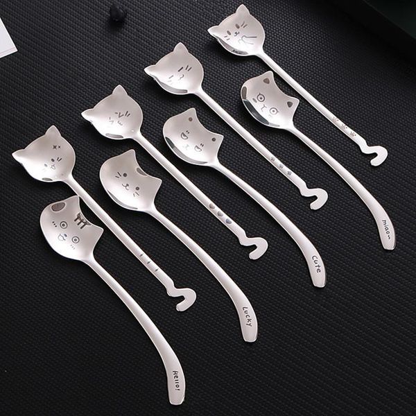 

spoons 1pc stainless steel tableware tea spoon for coffee long tail cat handle dessert birthday gift