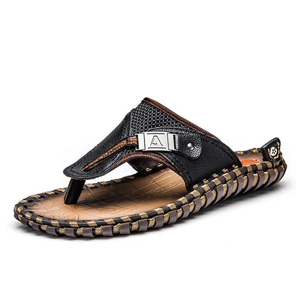 

sandals 2021 summer men beach shoes genuine leather slippers flip flops flat heels male slides luxury plus size 47au, Black