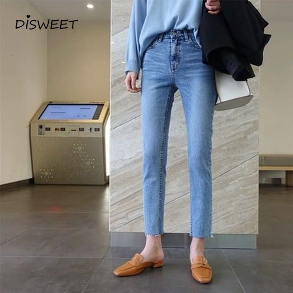 

jeans high-rise straight-leg woman simple slim button women's ankle-length pants casual solid ny jeans ladies, Blue