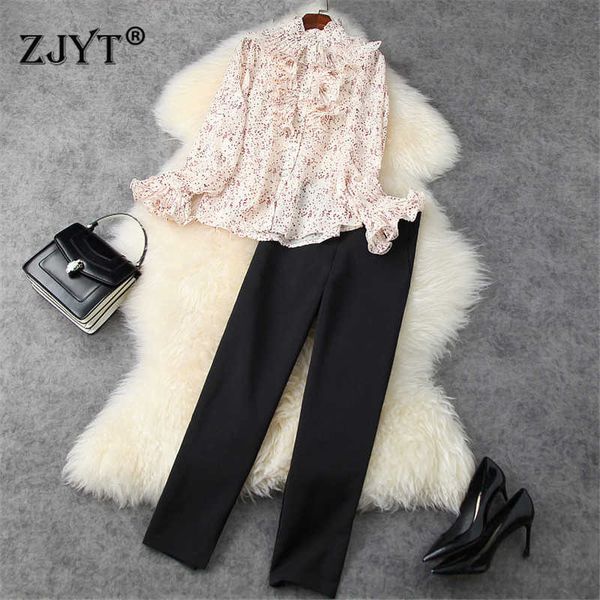 

fashion women print blouse and pants suit 2 piece matching set elegant lady office party outfits sweet twinset 210601, White