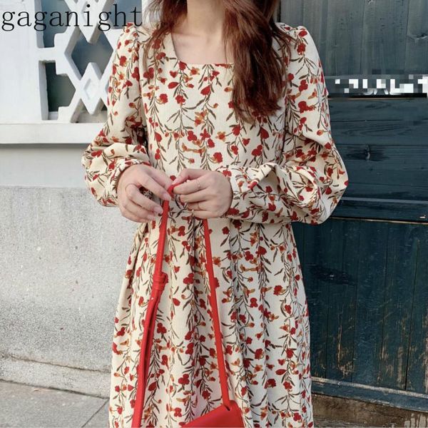 

casual dresses gaganight flower women fashion vintage maxi dress long sleeve square collar loose girls 2021 spring summer chic vestidos, Black;gray