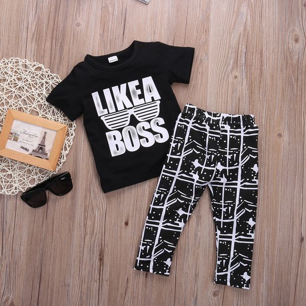 

casual toddler baby boy summer outfits clothes t-shirt+long pants set, White