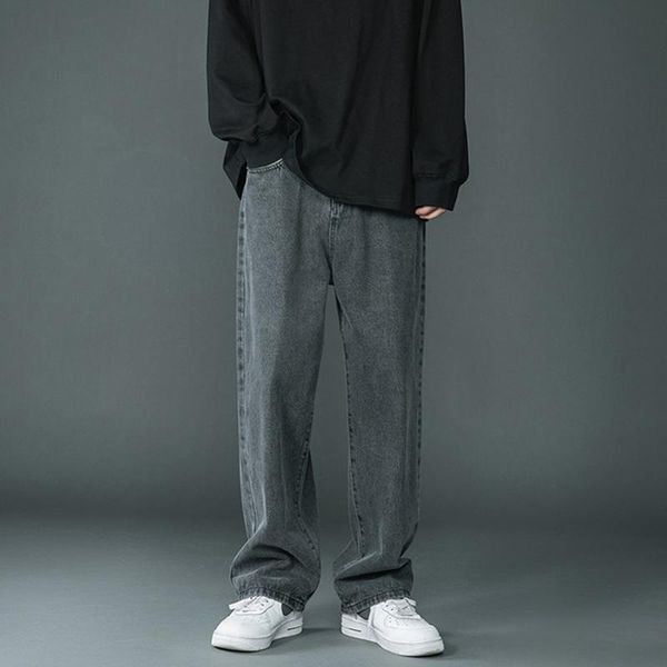 

men's jeans autumn casual loose straight streetwear harajuku mens mid waist denim pants all-match fashion solid trousers for men, Blue