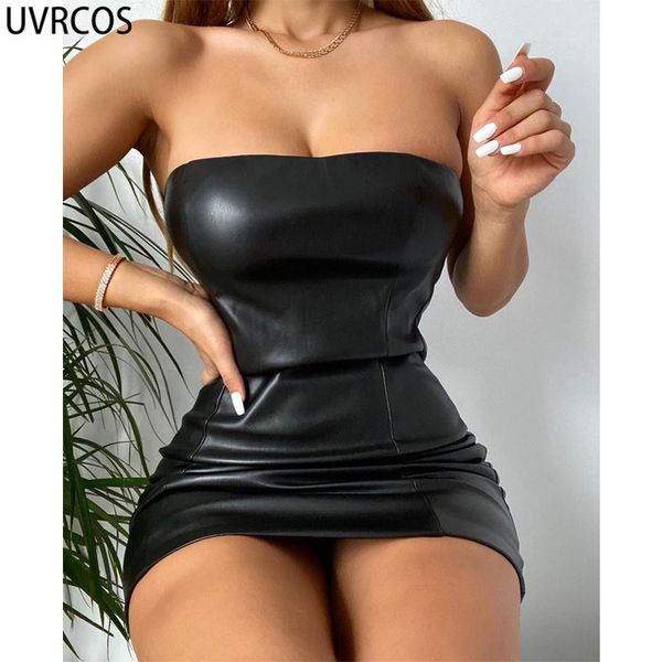 

casual dresses uvrcos dress 2021 summer for women chest wrapping solid color sheath pu leather off shoulder streetwear club outfits, Black;gray