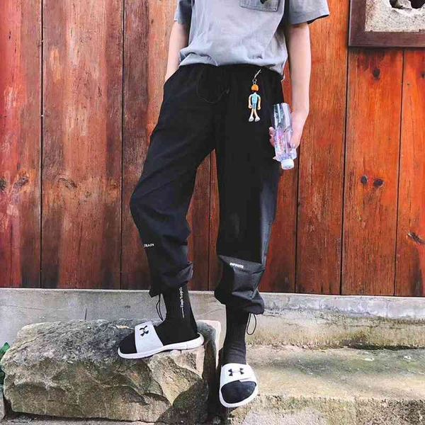 

1paset national chaogong dress leg men's fashion brand drawstring leggings polyester leisure loose straight tube summer pants, Black