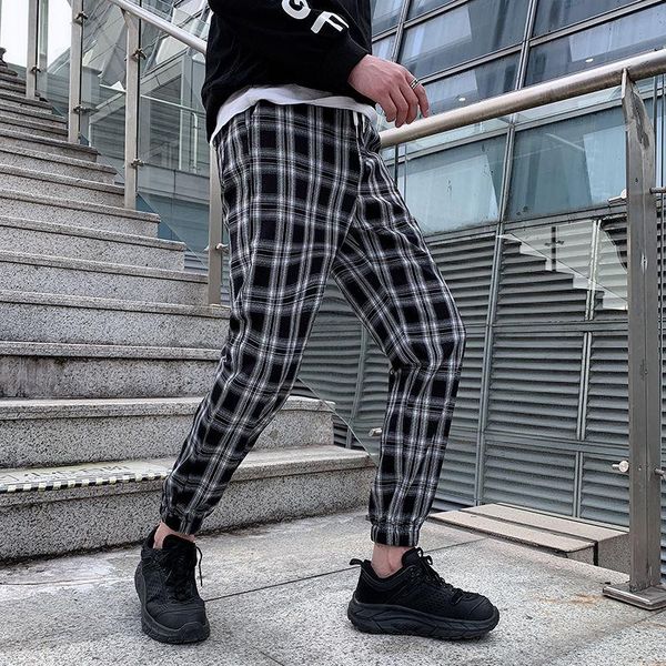 

men's pants korean cotton plaid fashion retro casual men streetwear loose hip-hop harem mens trousers m-3xl, Black