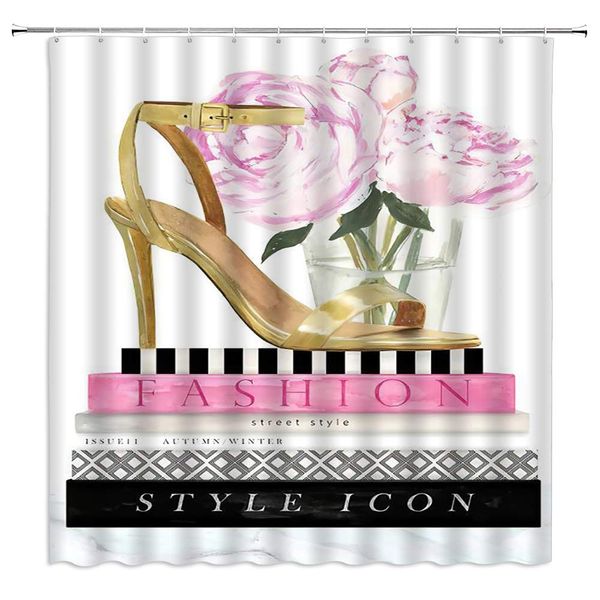 

high heels shower curtain golden ladies shoes pink flowers book display cabinet,70x70 inch polyester fabric bathroom