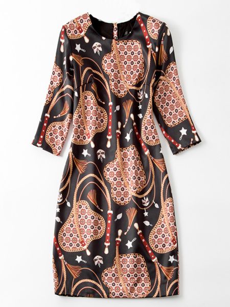 

fashion print women sheath dress round neck casual dresses, Black;gray