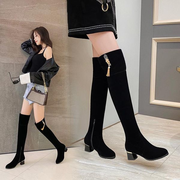 

boots winter over the knee women shoes comfy square low heels thigh slip on fashion stretch big size 40-43, Black