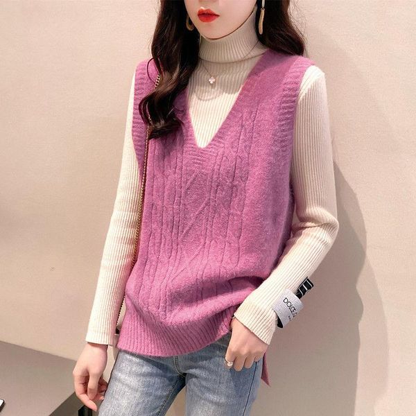 

women's sweaters women 2021 spring autumn vintage loose knitted vest female fashion v-neck ladies solid sleeveless elegant pullover z13, White;black