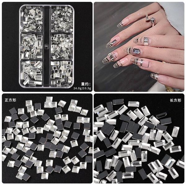 

nail art decorations flat bottom diamond super flash special-shaped mirror mixed small transparent square 6 grid set 1000pcs, Silver;gold