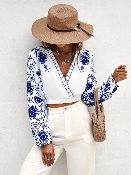 

geo & graphic print lantern sleeve crop blouse a5mq#, White