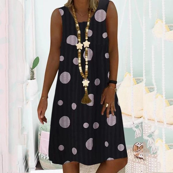 

womens dress women summer clothing female plus size 5xl o neck wave point print daily loose casual sleeveless bohemian vestido, Black;gray