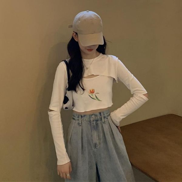 

women's t-shirt two-piece crop spring fall clothing tees o-neck hollow out t-shirts korean style hipster ladies vetement femme, White