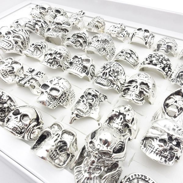 

wholesale 50pcs/loit mens womens skull rings punk skeleton mix styles biker fashion jewelry party gift 4 colors, Golden;silver