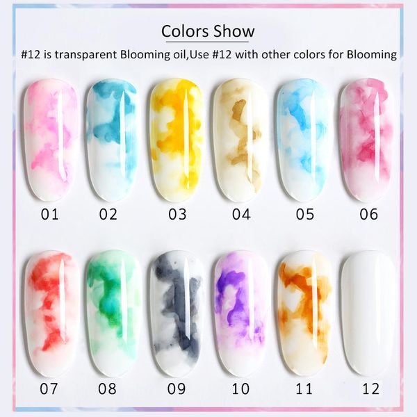 

nail gel 12 bottle polish blooming flowers watercolor smoke ink gradient marble painting varnish designs set tr895-1, Red;pink