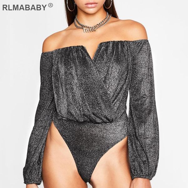 

women's jumpsuits & rompers rlmababy shiny off shoulder long sleeve women bodysuit ruched bodycon overalls jumpsuit office lady casual, Black;white